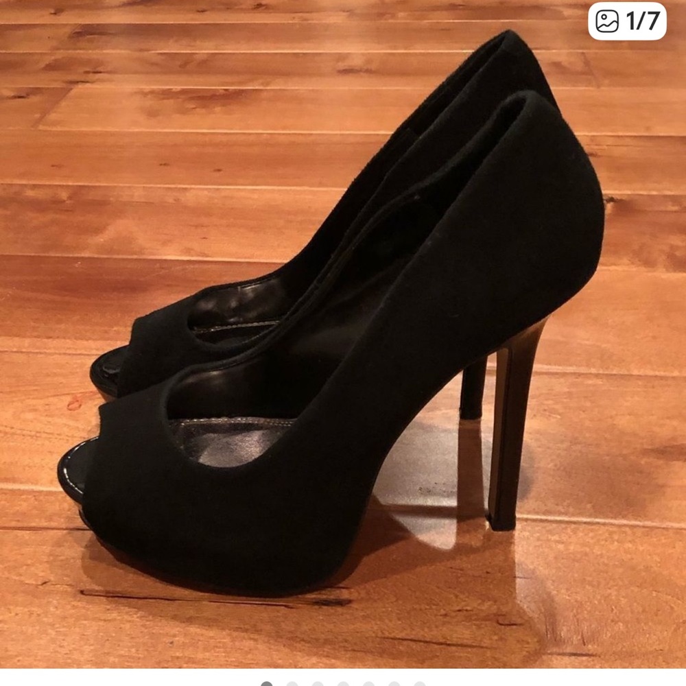Black suede open toe heels